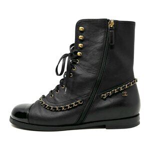 Chanel Lace‑Up Leather Boots Black/Gold Chain Patent Toecap Size 41 EU